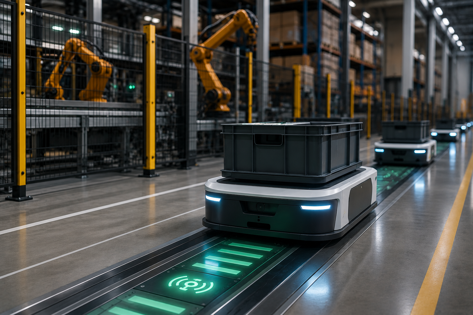 AMR fleet with wireless charging pads on the warehouse floor
