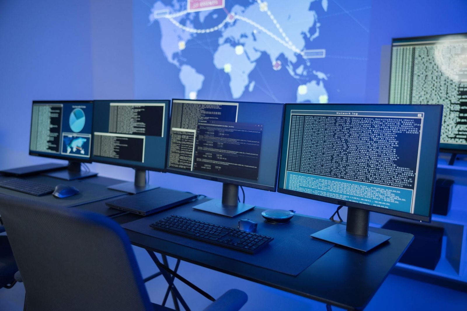 Security operations center monitoring screens