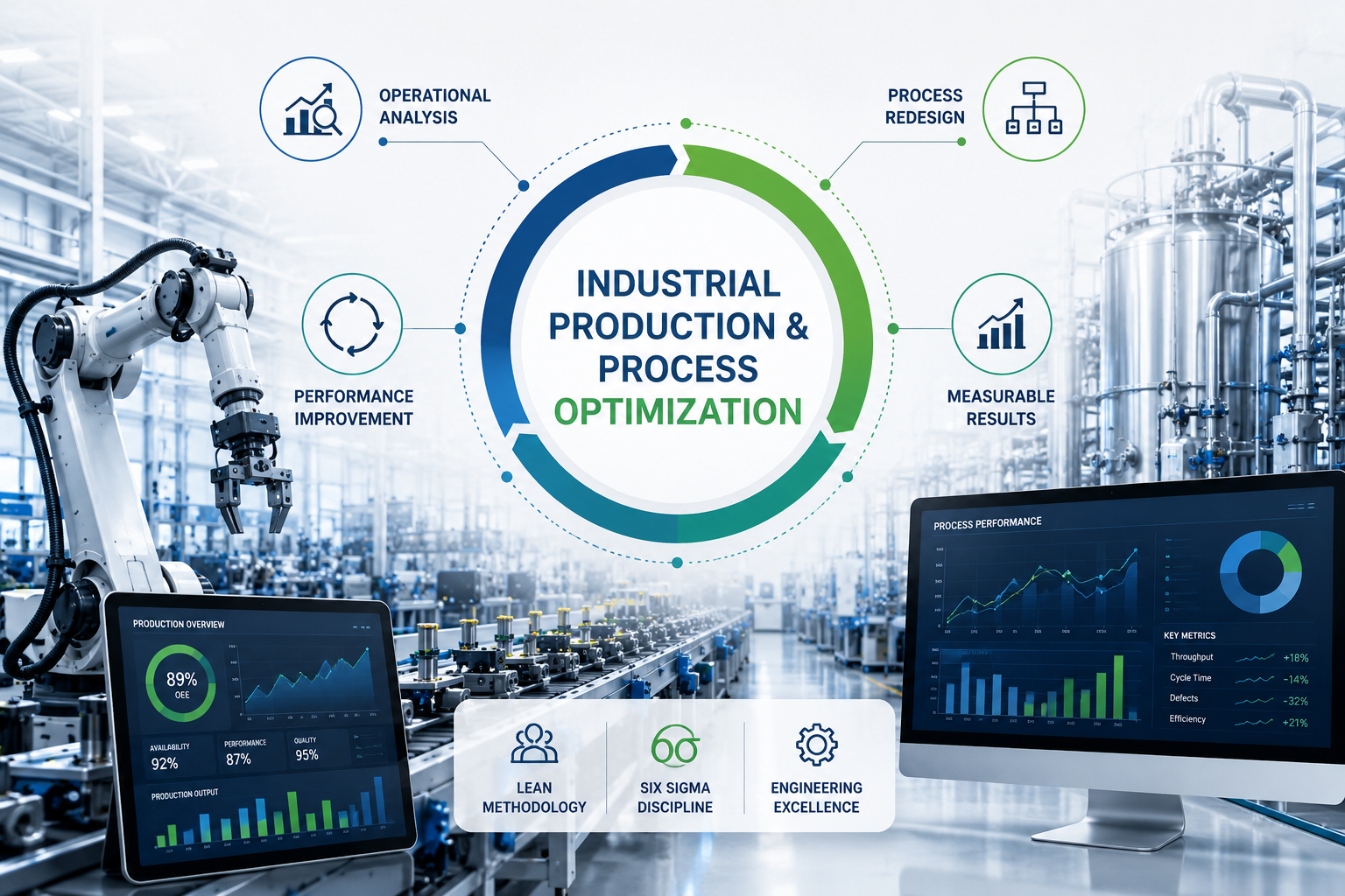 Industrial Production & Process Optimization — operational analysis, process redesign, performance improvement, measurable results
