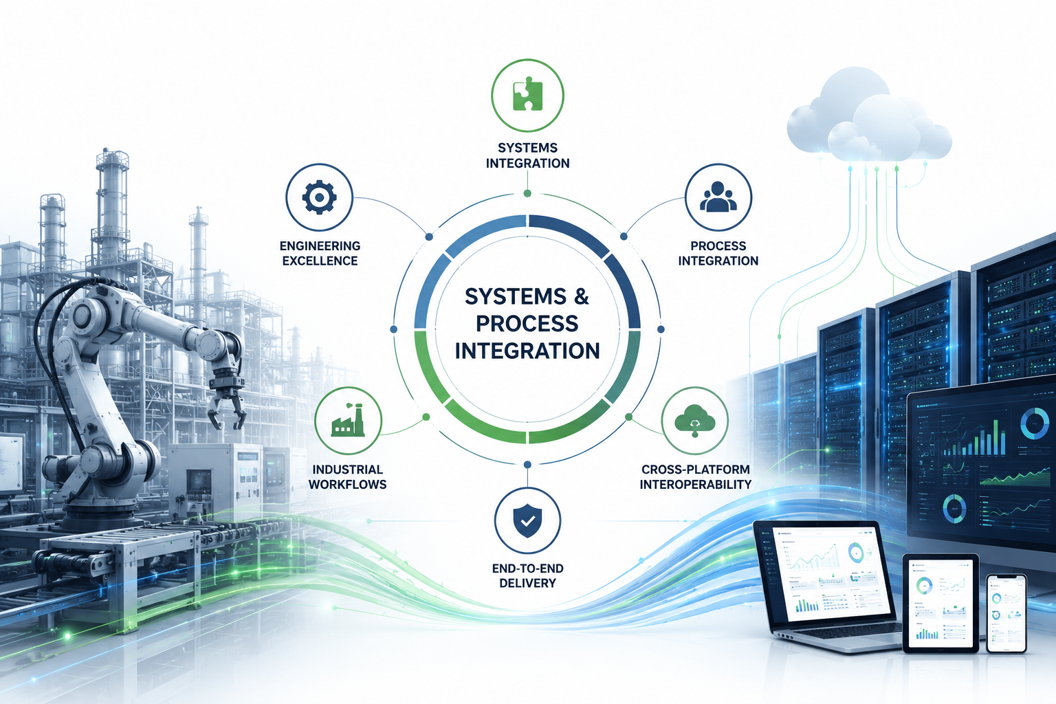 Systems & Process Integration — WMS, MES, ERP, SCADA connected to robots, PLCs, sensors, HMI, and devices
